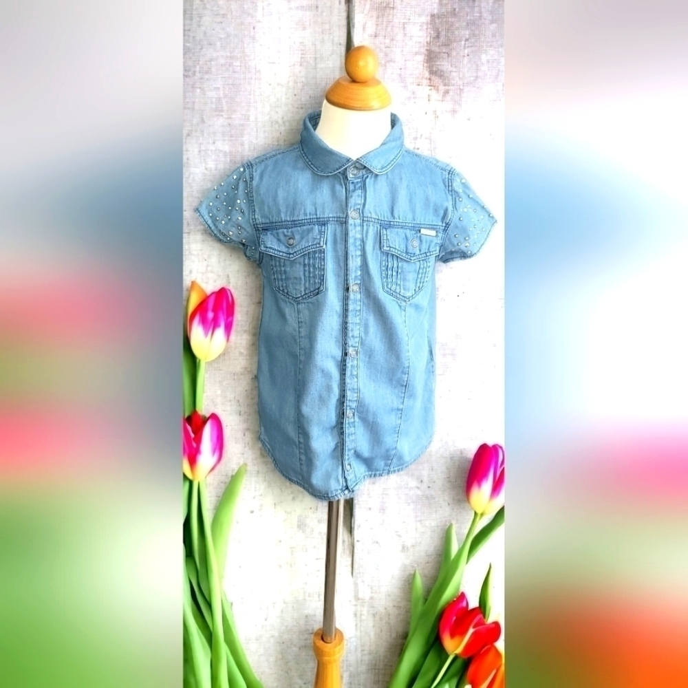 STUDDED Short Sleeve Denim Snap Down Shirt